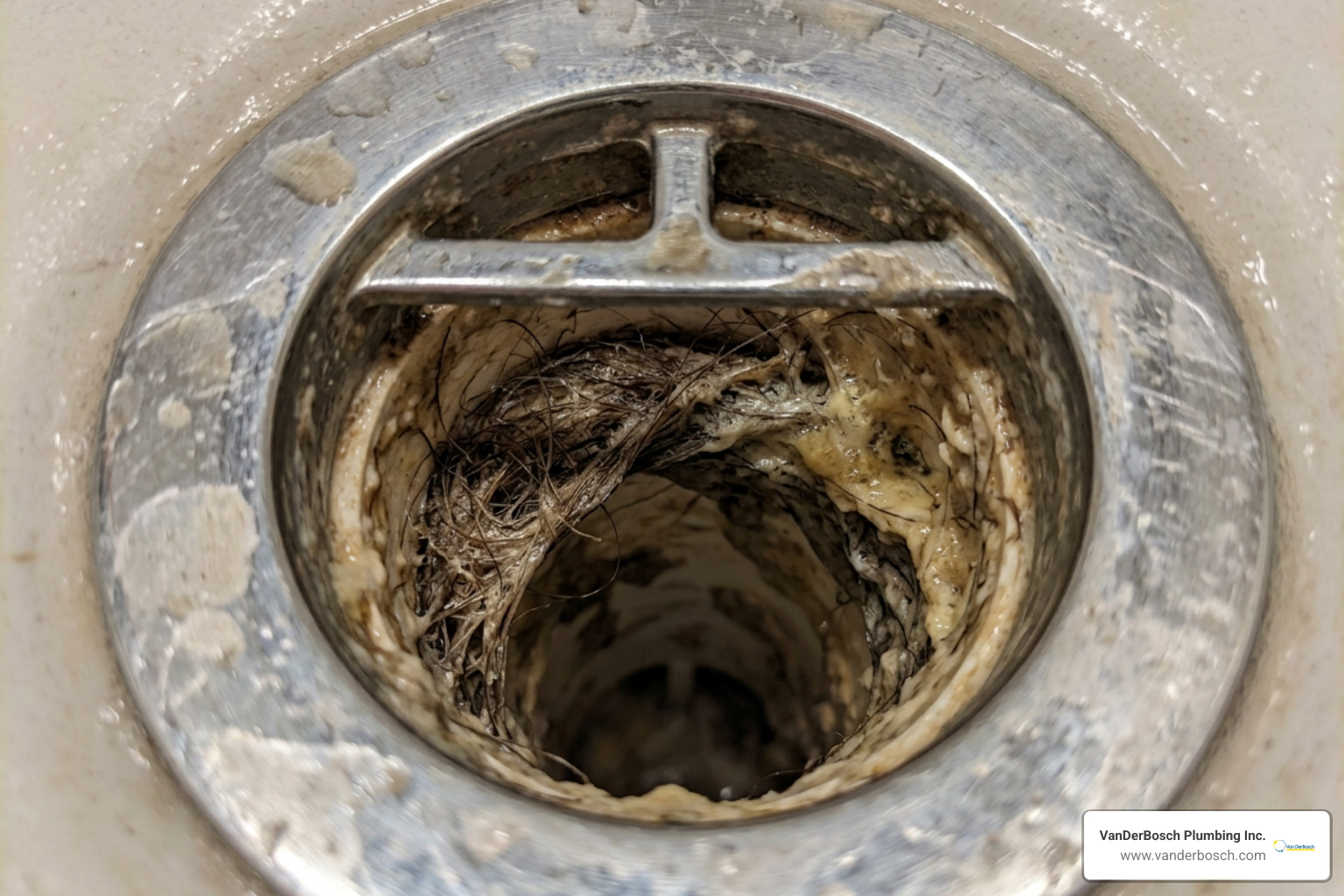 Hair and soap scum buildup inside a bathroom drain pipe