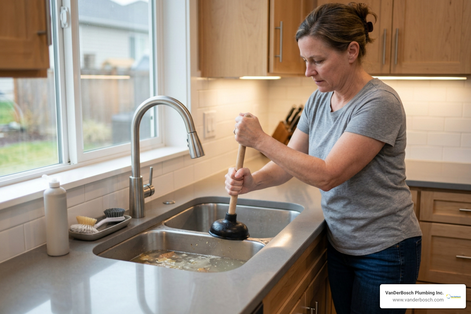Homeowner using a cup plunger on a clogged kitchen sink