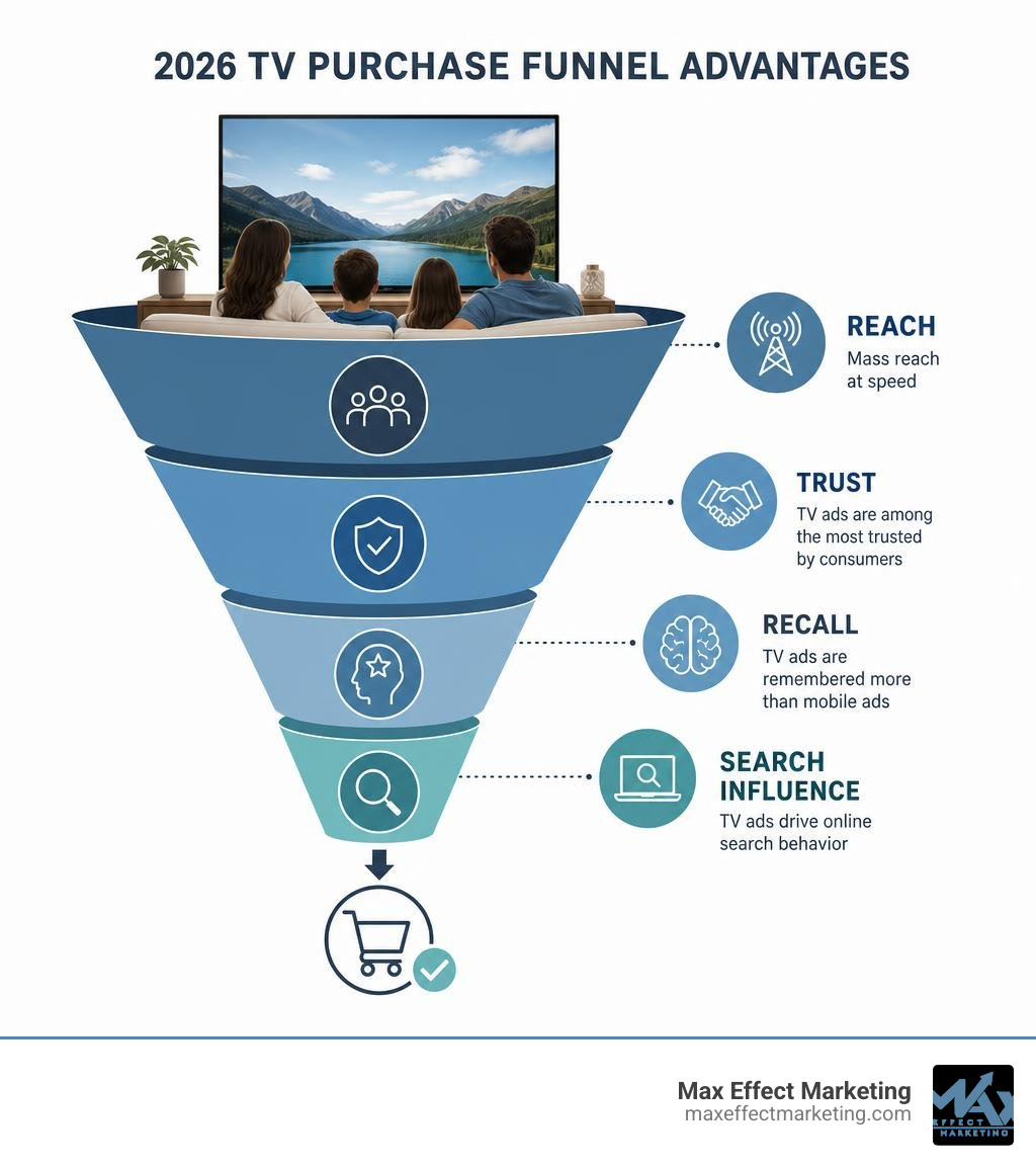 Infographic showing the 2026 TV purchase funnel advantages: reach, trust, recall, and search influence infographic Infographic showing the 2026 TV purchase funnel advantages: reach, trust, recall, and search influence infographic