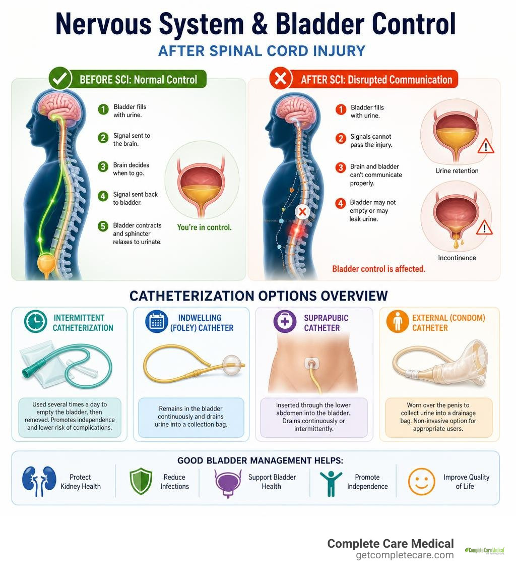 Infographic showing nervous system and bladder control after SCI with catheterization options overview infographic