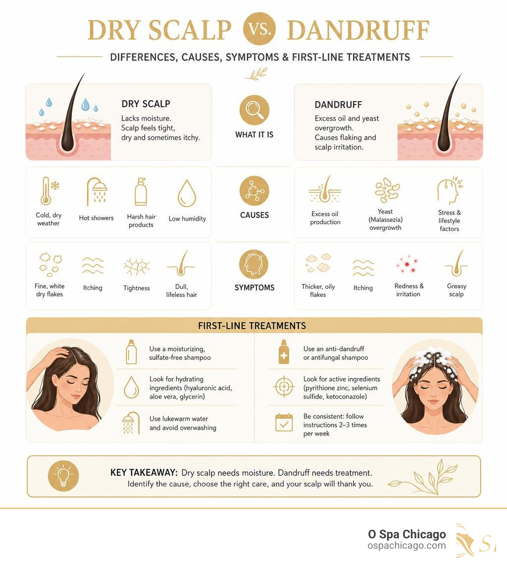 Infographic showing dry scalp vs dandruff differences, causes, symptoms, and first-line treatments infographic Infographic showing dry scalp vs dandruff differences, causes, symptoms, and first-line treatments infographic