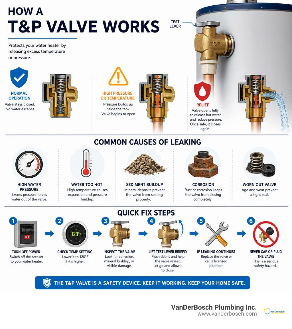 Infographic showing how a T&P valve works, common causes of leaking, and quick fix steps infographic