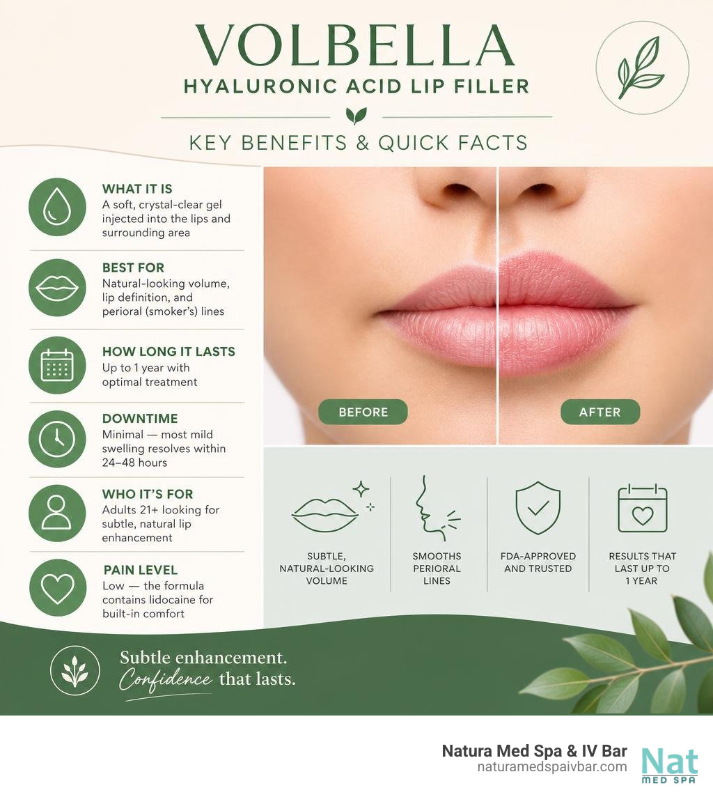 Key benefits and quick facts about Volbella hyaluronic acid lip filler infographic Key benefits and quick facts about Volbella hyaluronic acid lip filler infographic