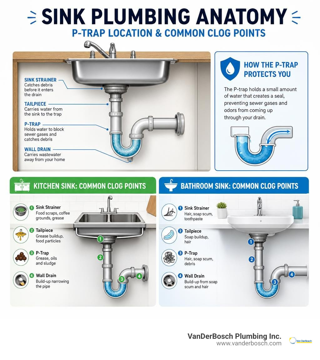 Sink plumbing anatomy showing P-trap location, common clog points in kitchen and bathroom drains infographic