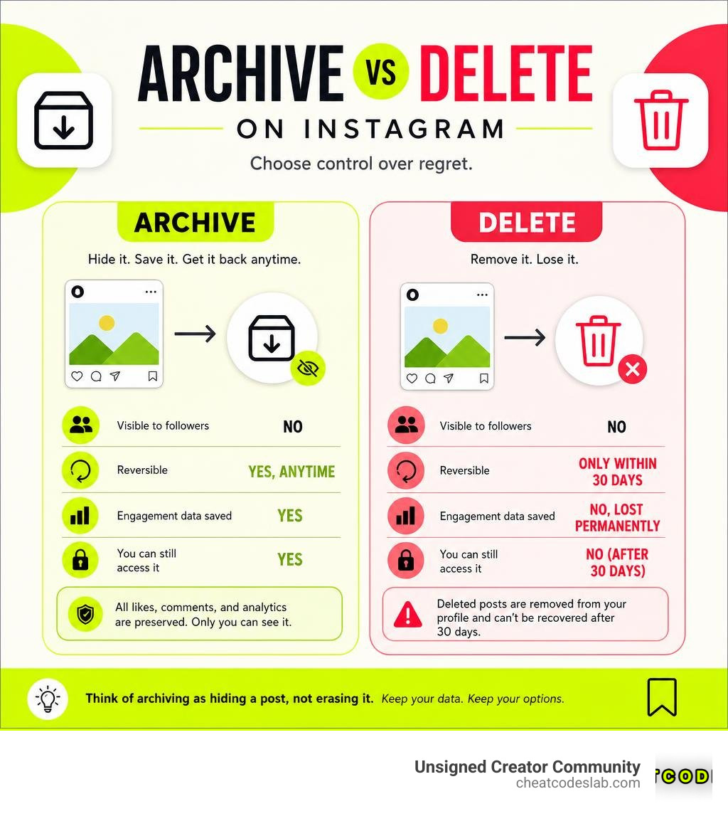 Infographic showing the difference between archiving and deleting on Instagram with key stats infographic Infographic showing the difference between archiving and deleting on Instagram with key stats infographic
