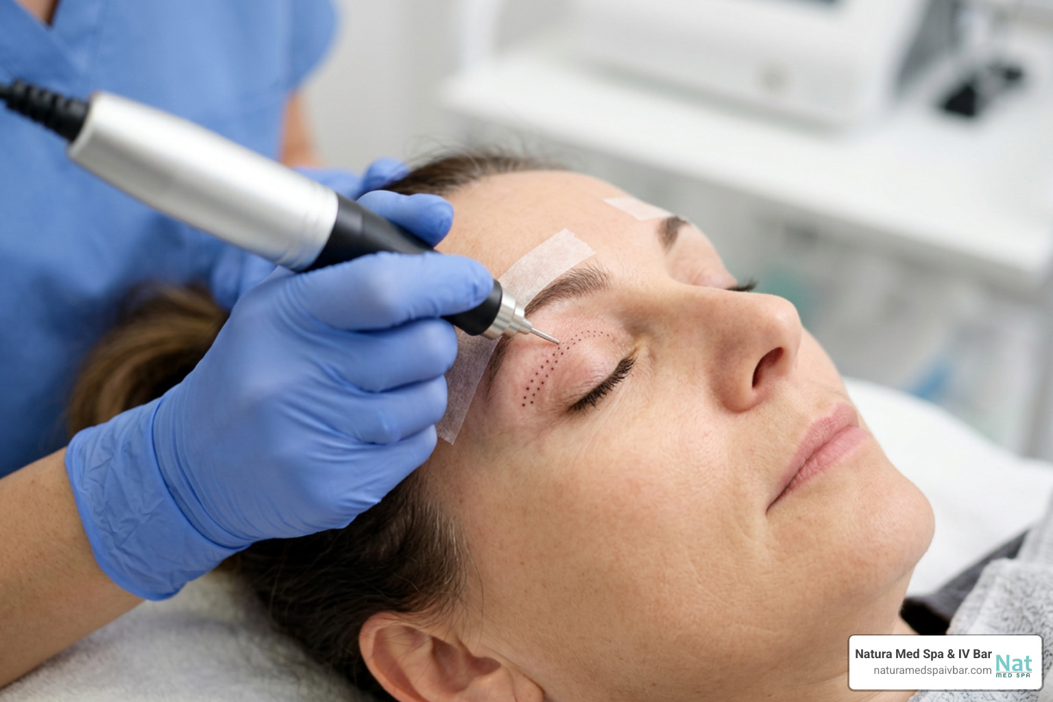 plasma pen creating micro-dots on eyelid plasma pen creating micro-dots on eyelid
