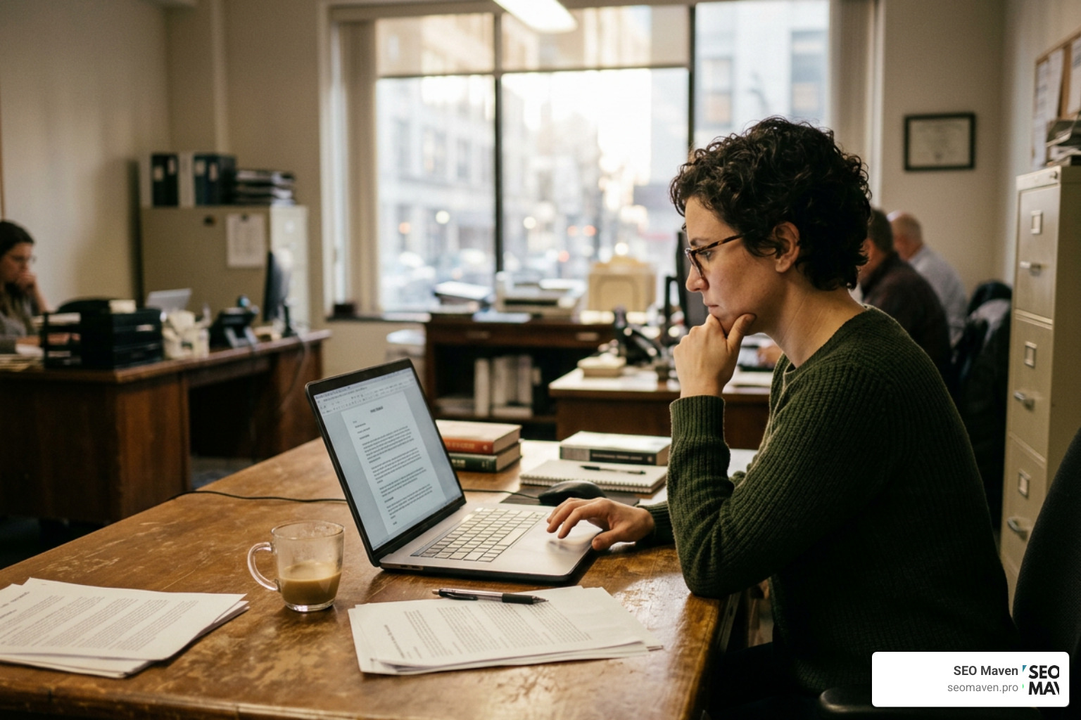 A journalist reviewing a press release on a laptop screen