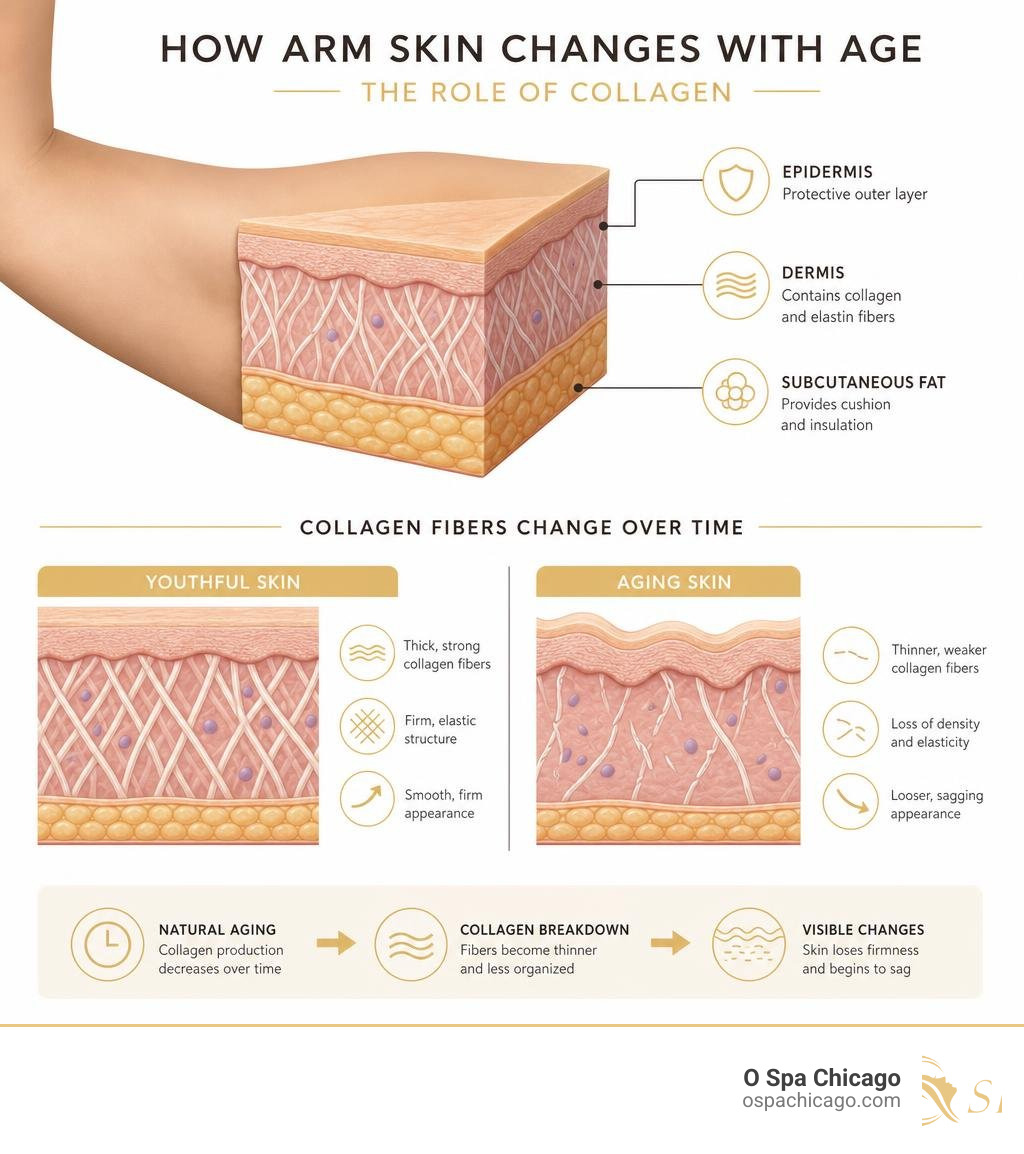 Diagram showing layers of arm skin, collagen fibers, and how collagen degrades with age infographic Diagram showing layers of arm skin, collagen fibers, and how collagen degrades with age infographic