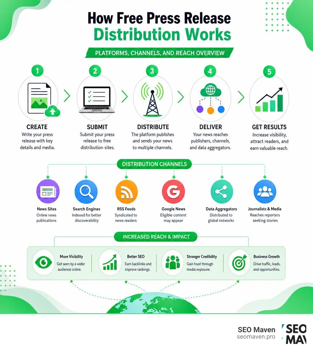 How free press release distribution works — platforms, channels, and reach overview infographic