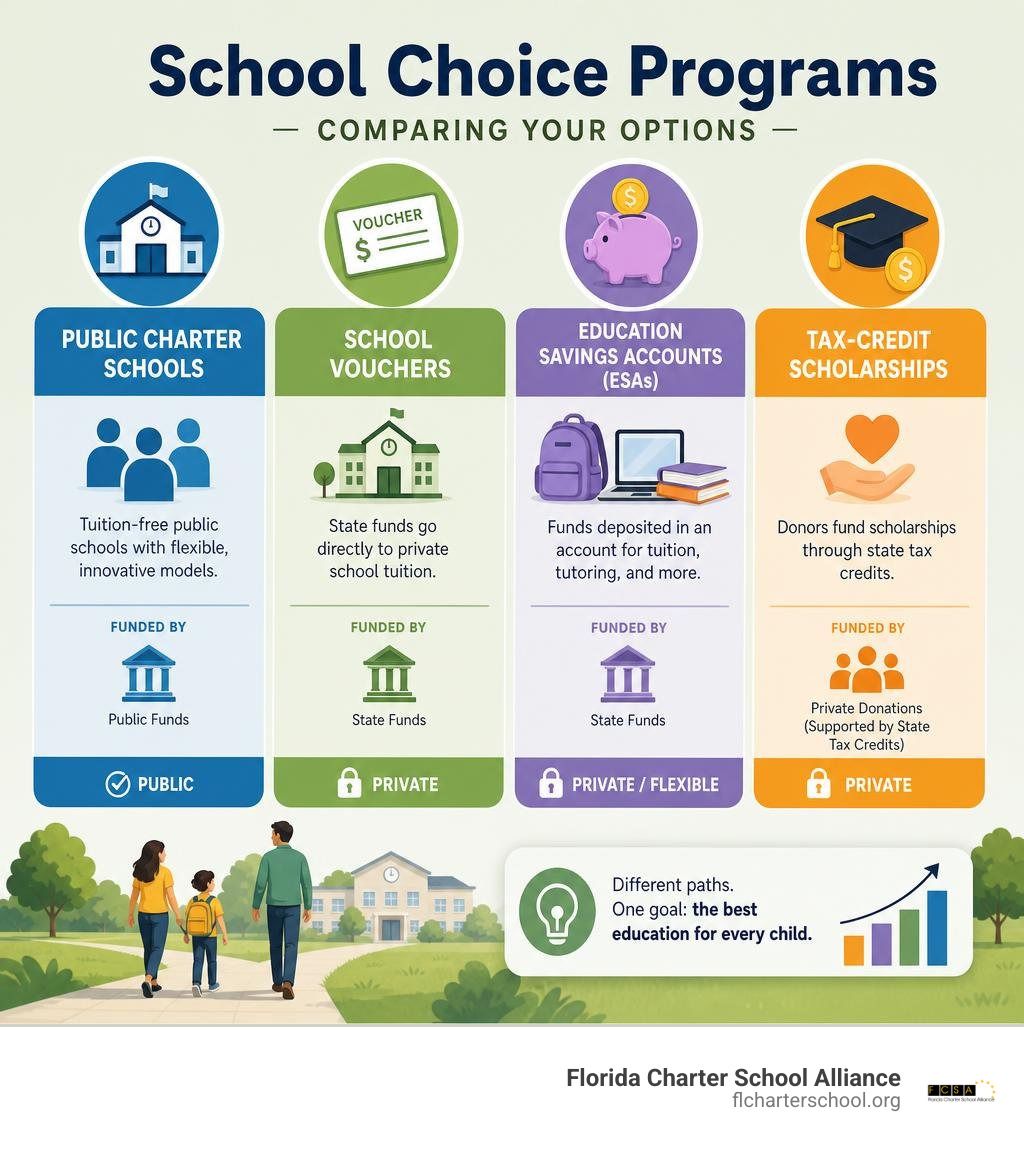 Infographic comparing types of school choice programs including charter schools, vouchers, ESAs, and tax-credit scholarships