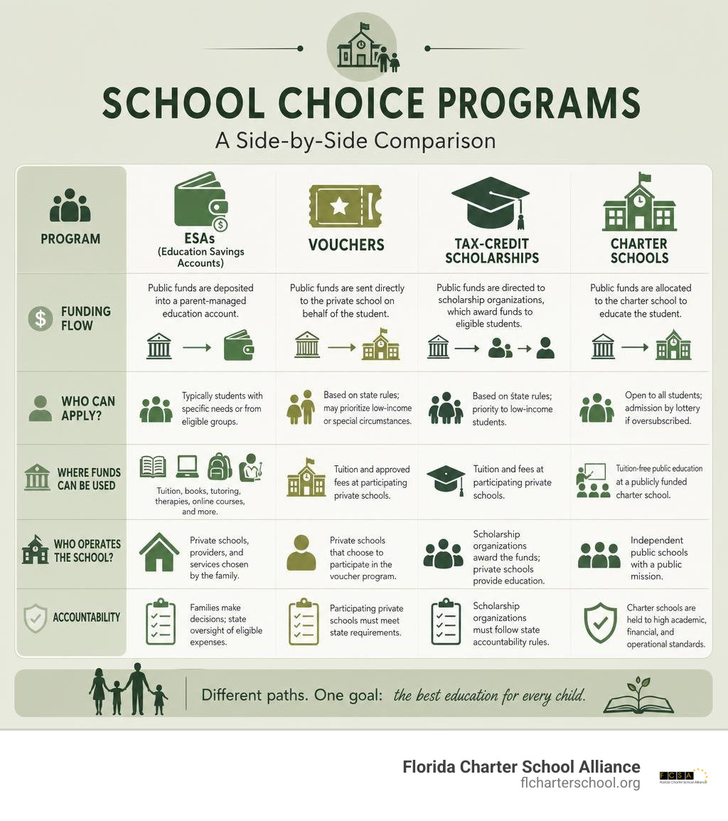 Table comparing ESAs, vouchers, tax-credit scholarships, and charter schools infographic