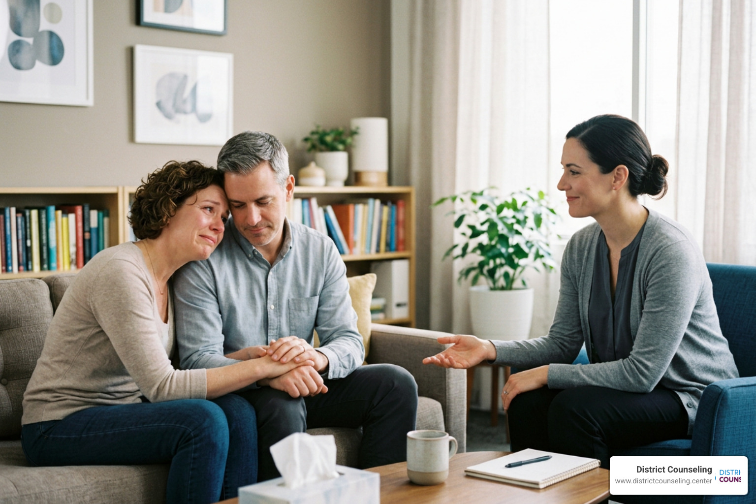 Therapist facilitating a breakthrough between partners in a safe clinical environment