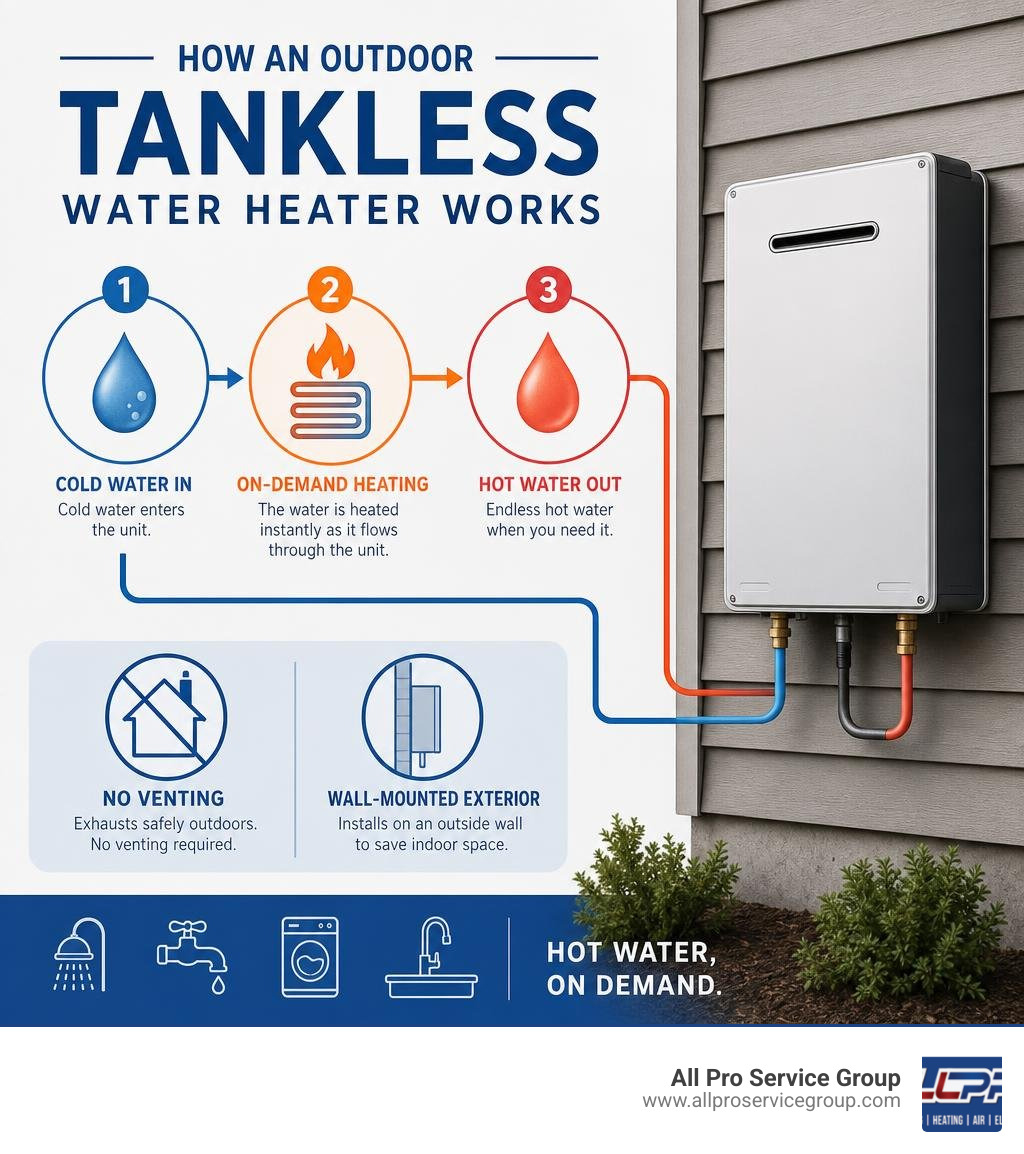Infographic showing how an outdoor tankless water heater works: cold water in, on-demand heating, hot water out, no venting Infographic showing how an outdoor tankless water heater works: cold water in, on-demand heating, hot water out, no venting