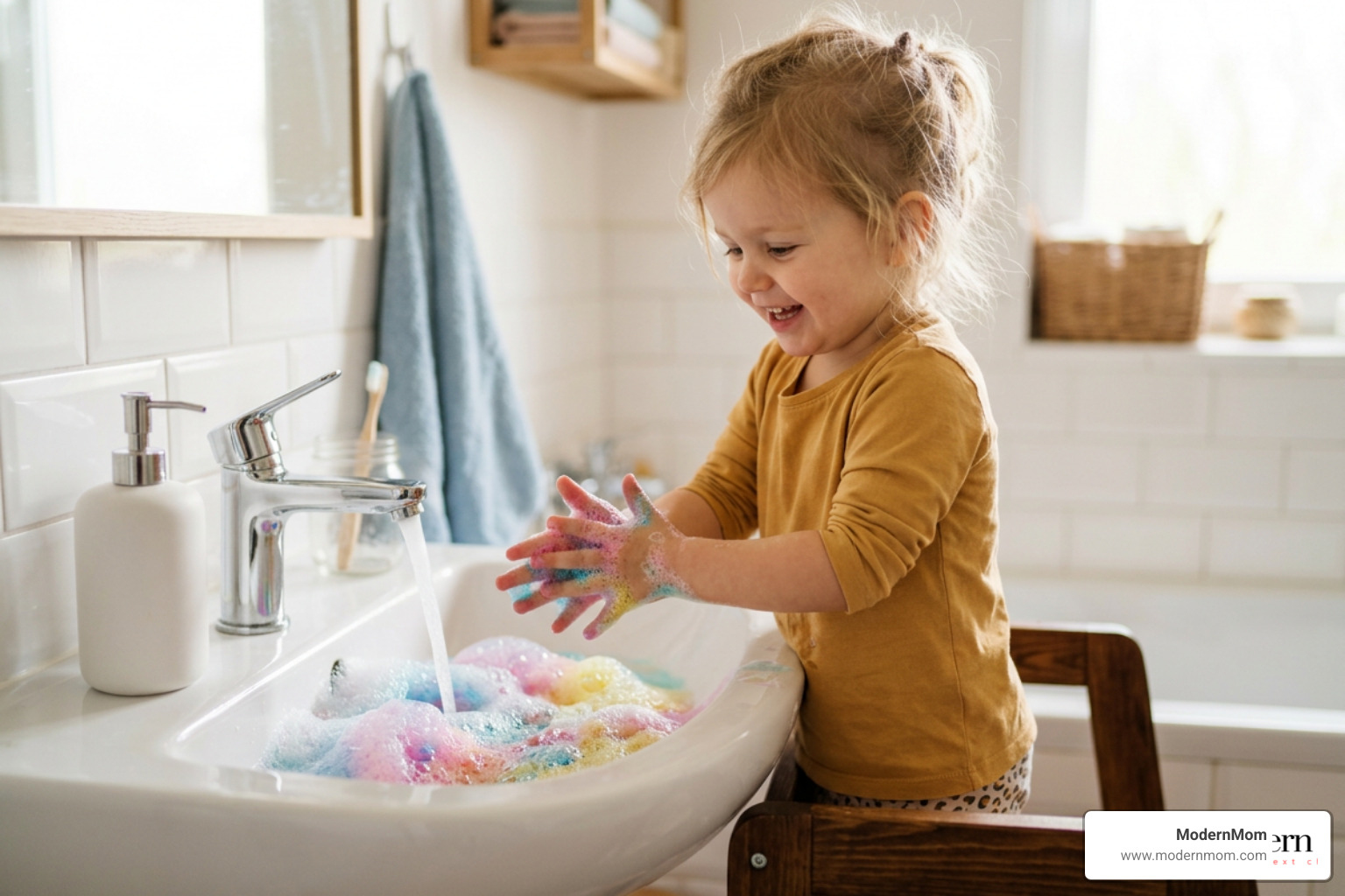 A toddler washing hands with colorful soap bubbles