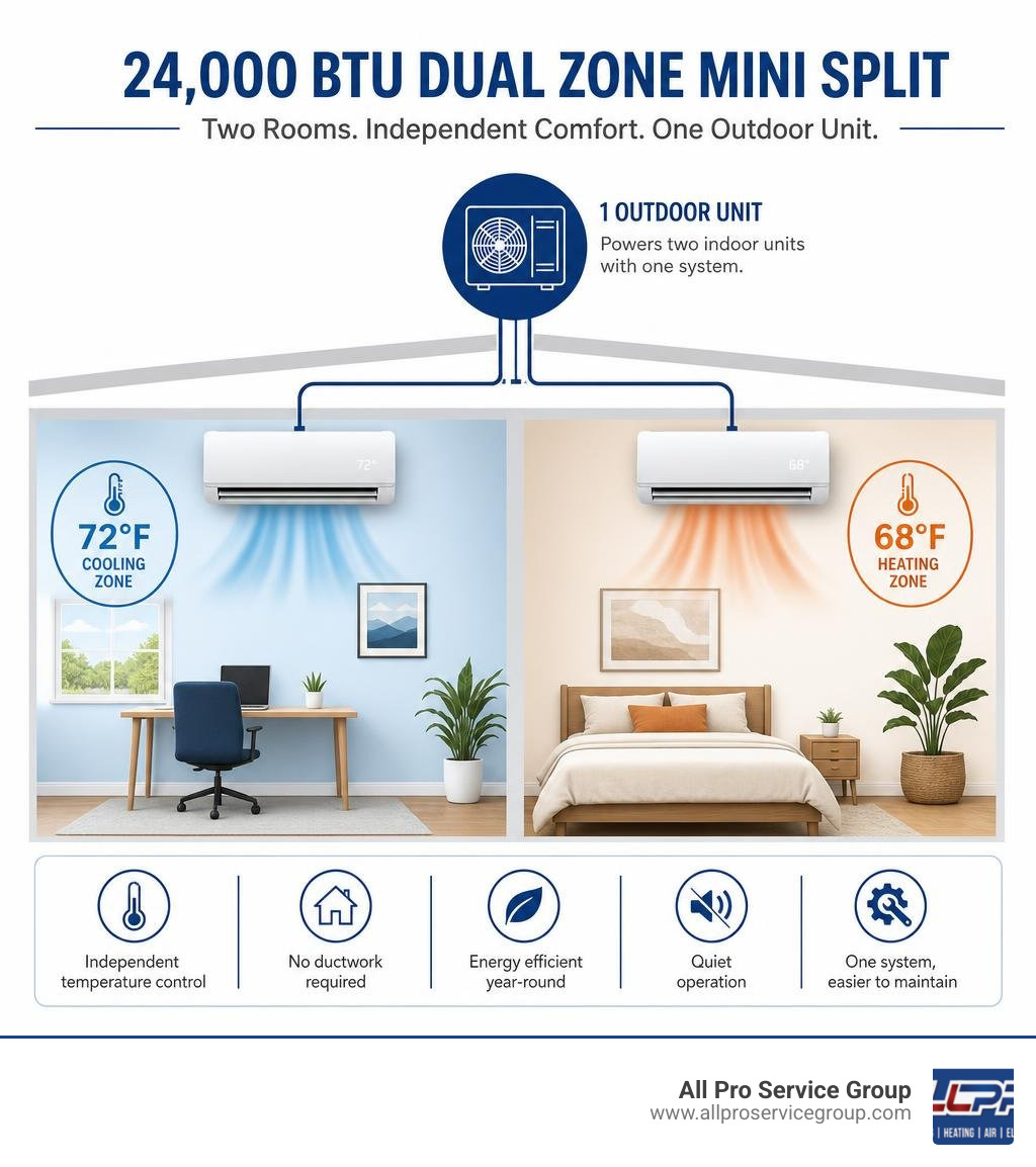 Infographic showing how a 24000 BTU dual zone mini split conditions two rooms independently with one outdoor unit infographic Infographic showing how a 24000 BTU dual zone mini split conditions two rooms independently with one outdoor unit infographic