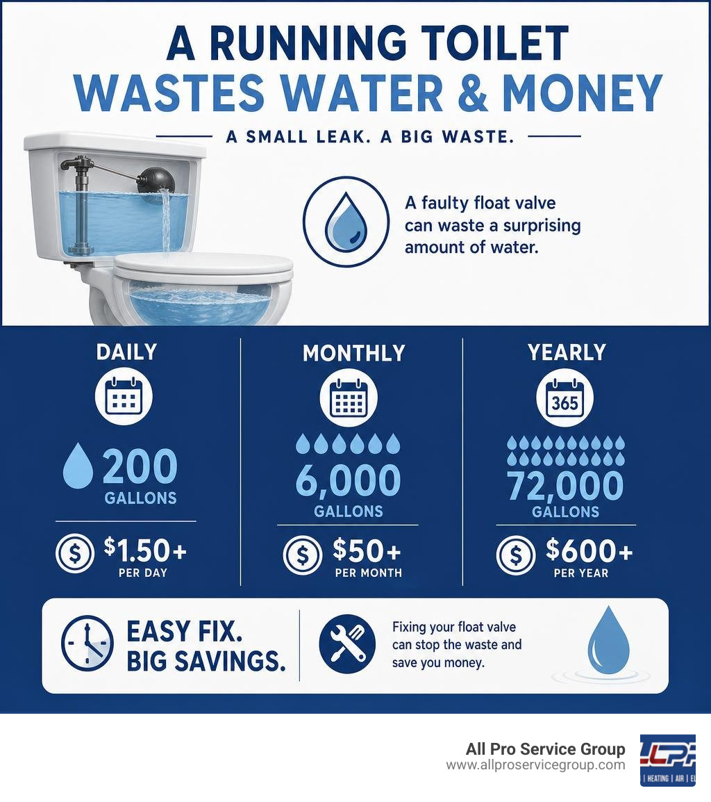 Infographic showing how a running toilet wastes water daily, monthly, and yearly with cost estimates infographic Infographic showing how a running toilet wastes water daily, monthly, and yearly with cost estimates infographic