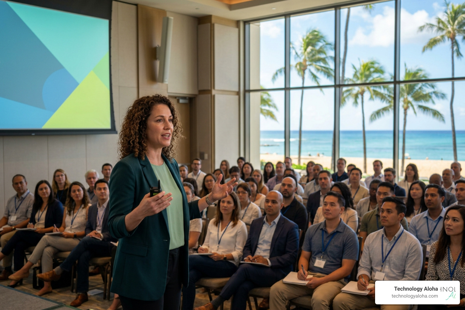 Speaker presenting to a diverse corporate audience with a warm beach landscape visual in the background, styled in #208a9d Speaker presenting to a diverse corporate audience with a warm beach landscape visual in the background, styled in #208a9d