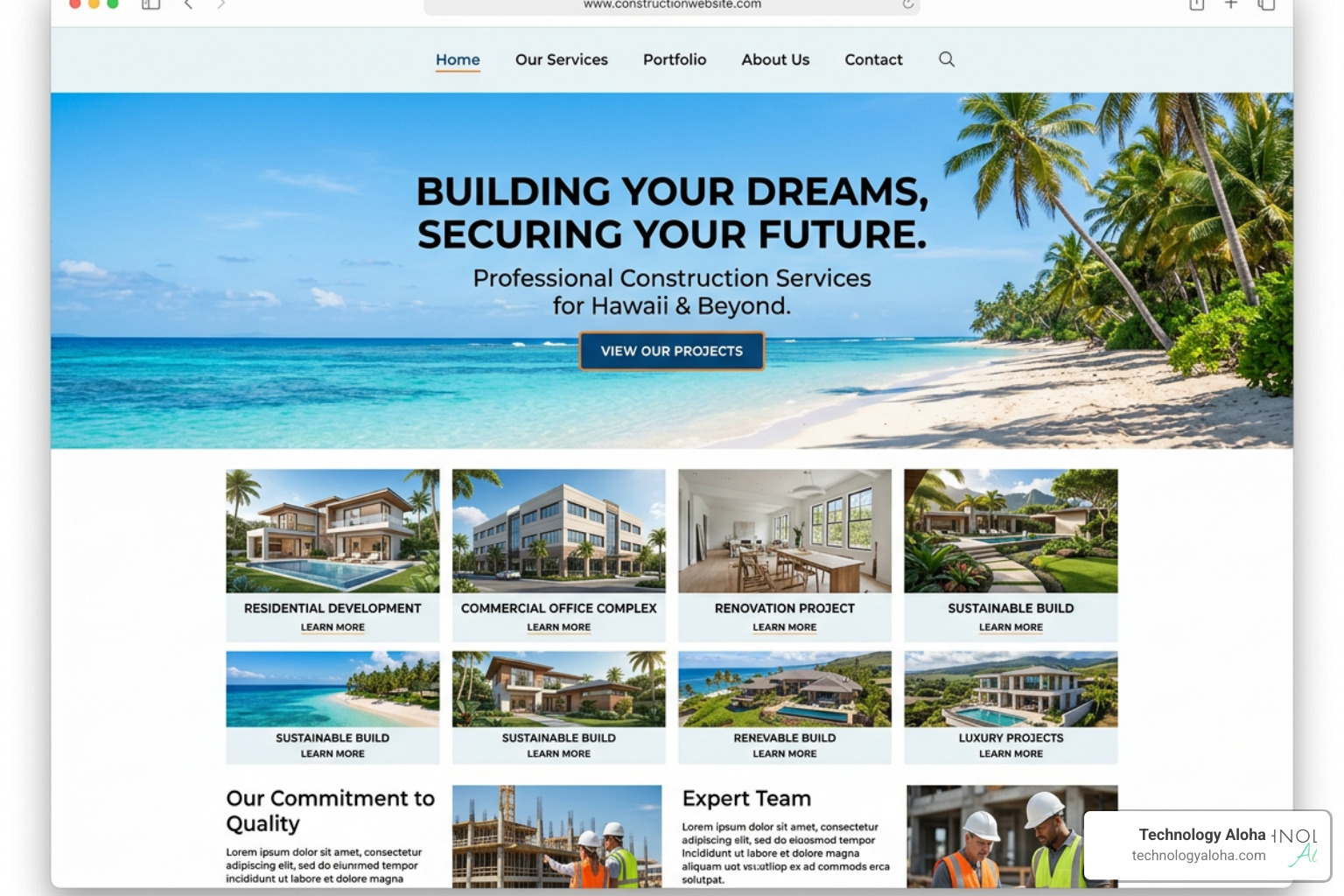 high-conversion construction website homepage featuring clean navigation, professional project portfolio, and prominent high-conversion construction website homepage featuring clean navigation, professional project portfolio, and prominent