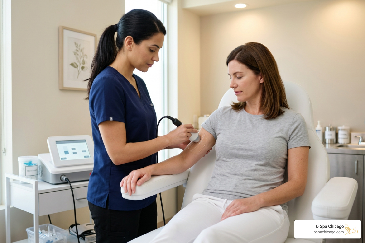 aesthetic professional performing radiofrequency treatment on upper arm aesthetic professional performing radiofrequency treatment on upper arm