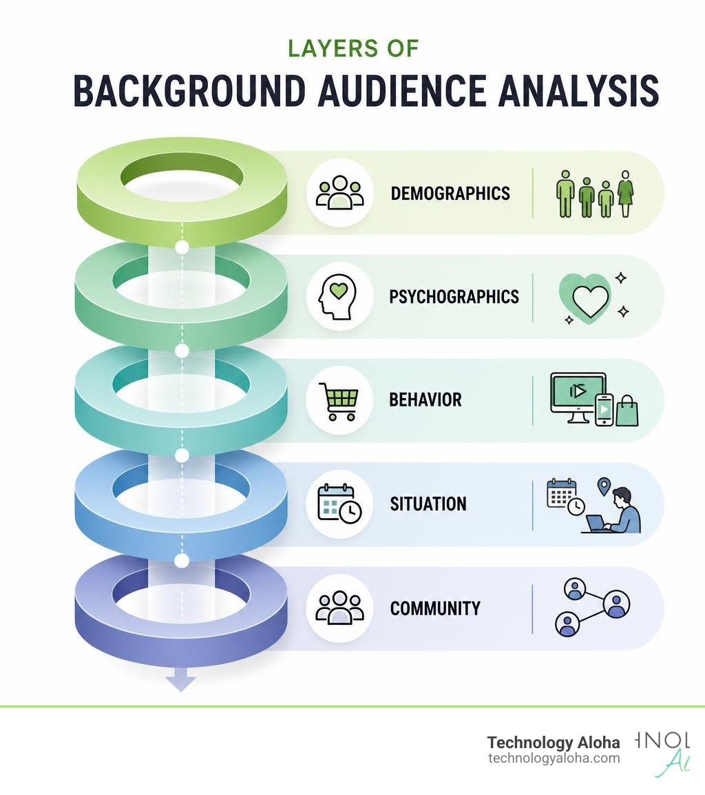 Layers of background audience analysis: demographics, psychographics, behavior, situation, community infographic Layers of background audience analysis: demographics, psychographics, behavior, situation, community infographic