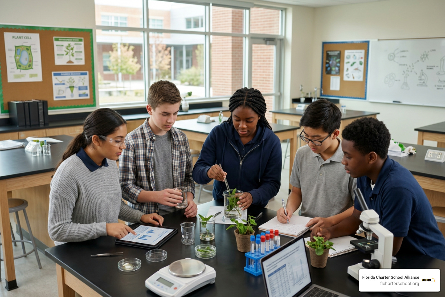 A diverse group of students collaborating on a science project in a modern charter school classroom
