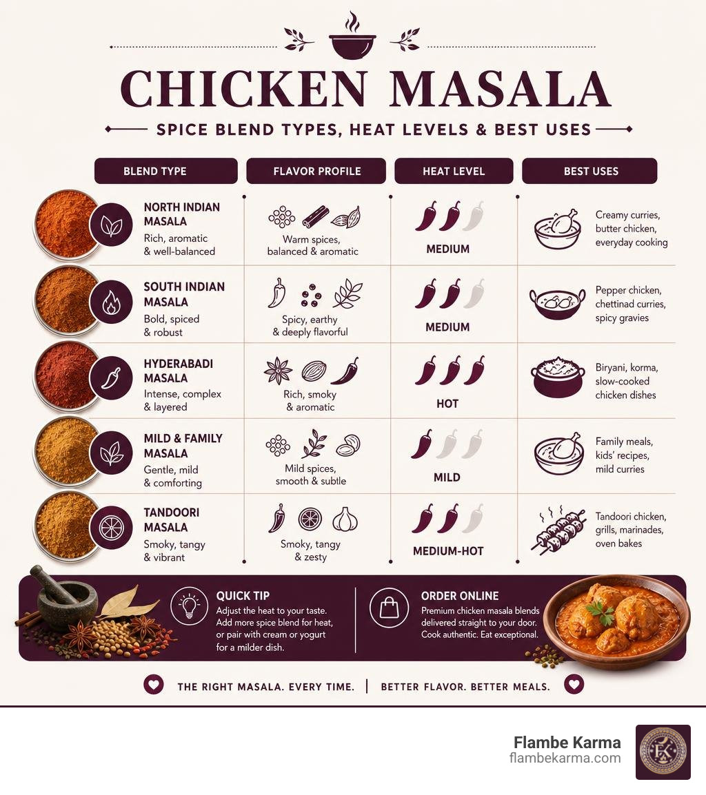 Comparison infographic of chicken masala spice blend types, heat levels, and best uses infographic