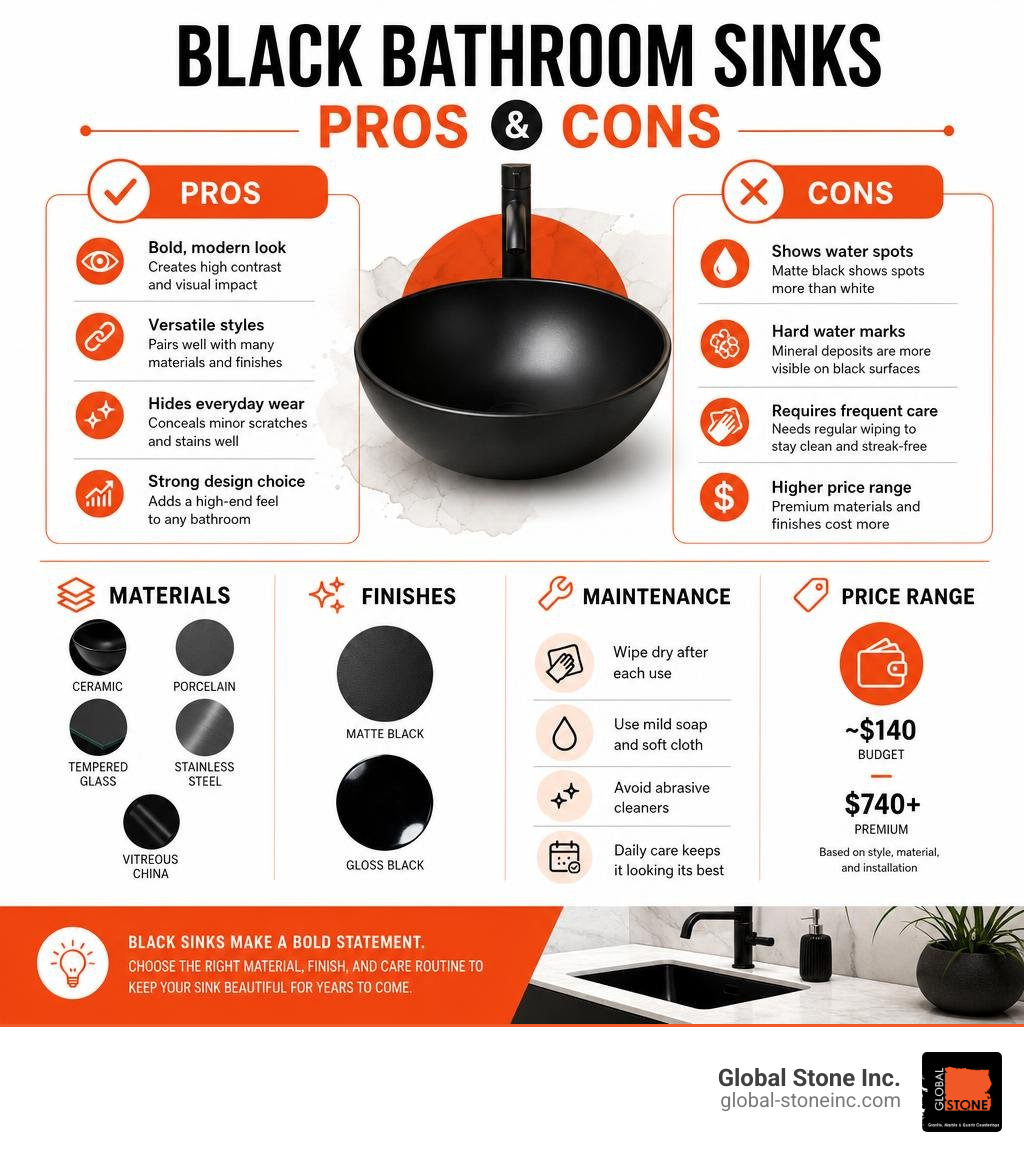 Pros and cons of black bathroom sinks including materials, finishes, maintenance, and price ranges infographic Pros and cons of black bathroom sinks including materials, finishes, maintenance, and price ranges infographic