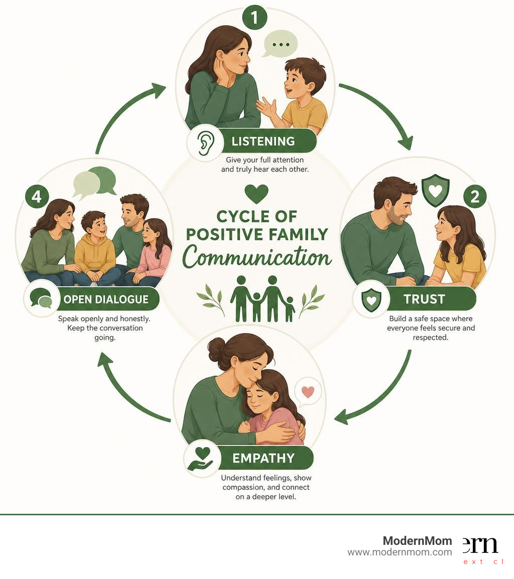 Cycle of positive family communication showing listening, trust, empathy, and open dialogue infographic