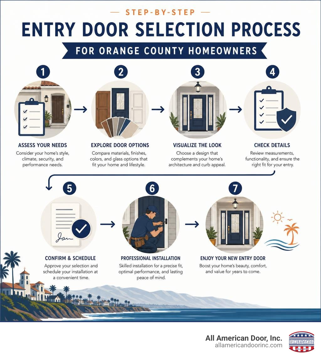 Step-by-step entry door selection process infographic for Orange County homeowners infographic Step-by-step entry door selection process infographic for Orange County homeowners infographic