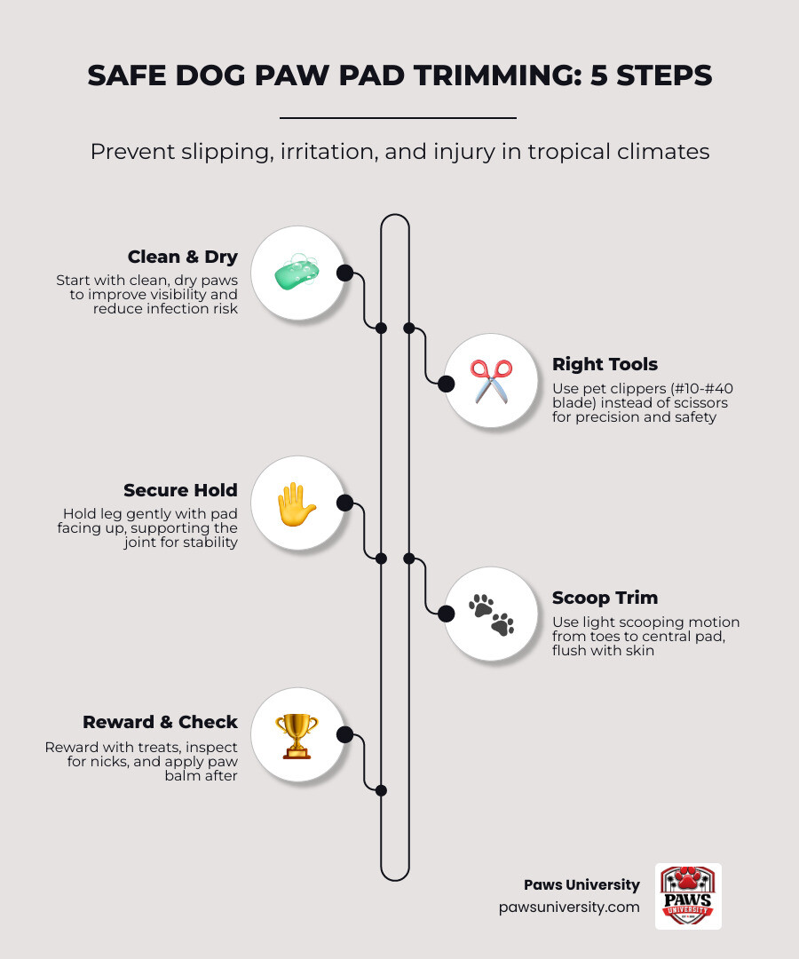 Infographic showing dog paw pad anatomy, common problems from untrimmed fur, and a 5-step trimming overview infographic Infographic showing dog paw pad anatomy, common problems from untrimmed fur, and a 5-step trimming overview infographic