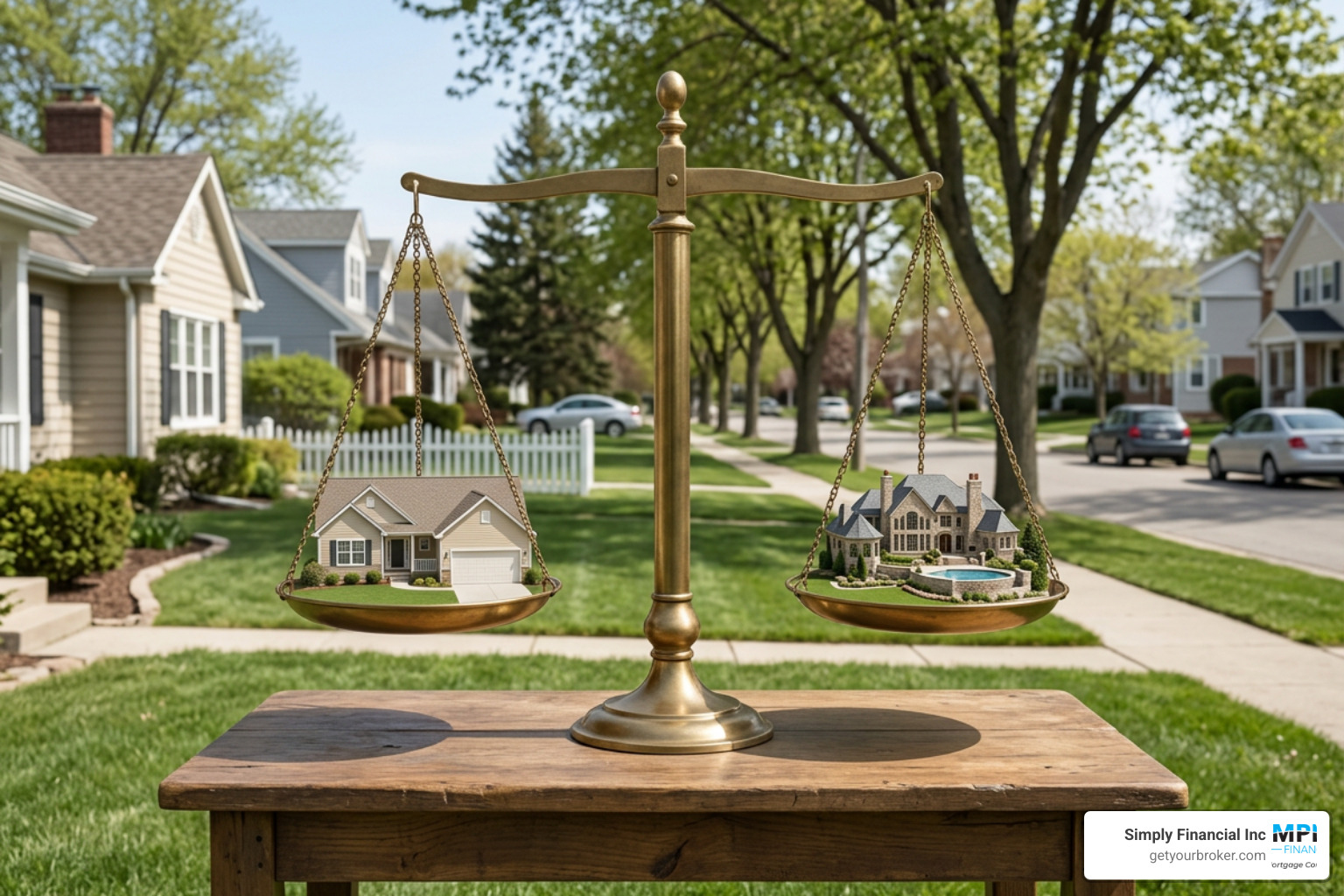 Scale balancing a standard home and a luxury estate Scale balancing a standard home and a luxury estate