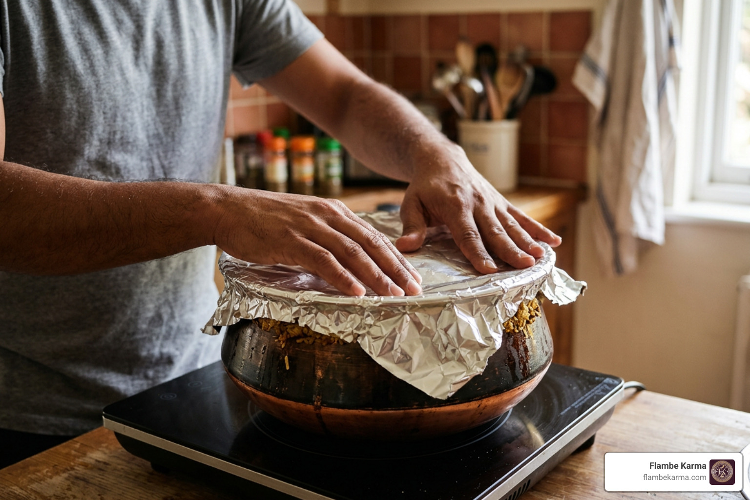 sealing the biryani pot with foil sealing the biryani pot with foil