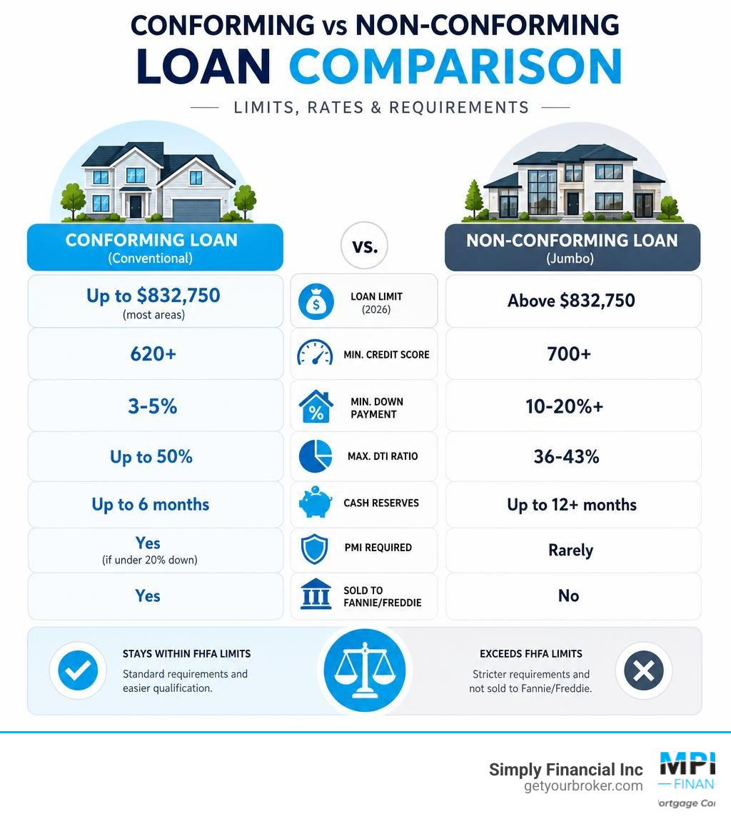 Conforming vs non-conforming conventional loan differences including limits, rates, and requirements infographic Conforming vs non-conforming conventional loan differences including limits, rates, and requirements infographic