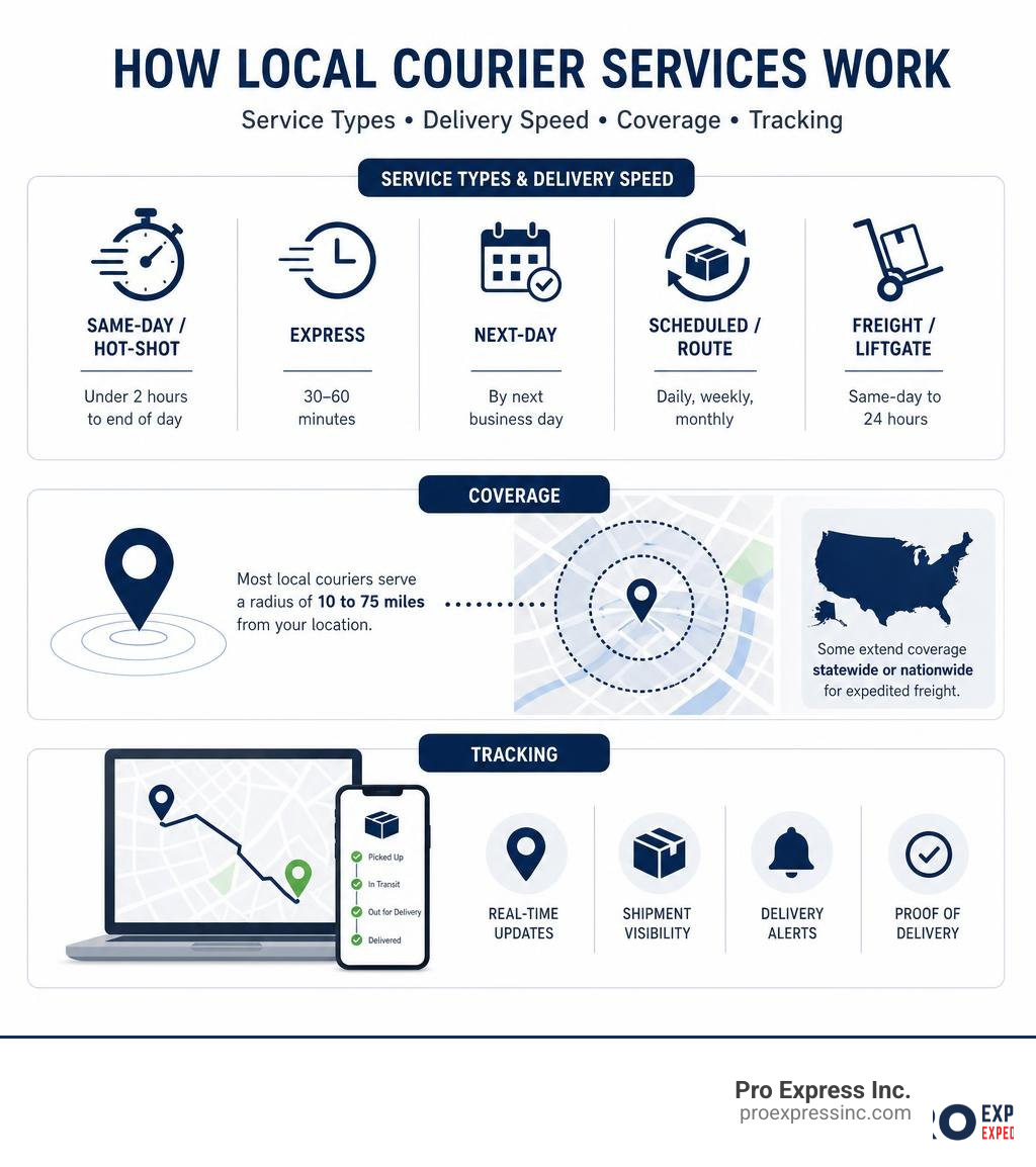 How local courier services work: service types, delivery speed, coverage, and tracking infographic