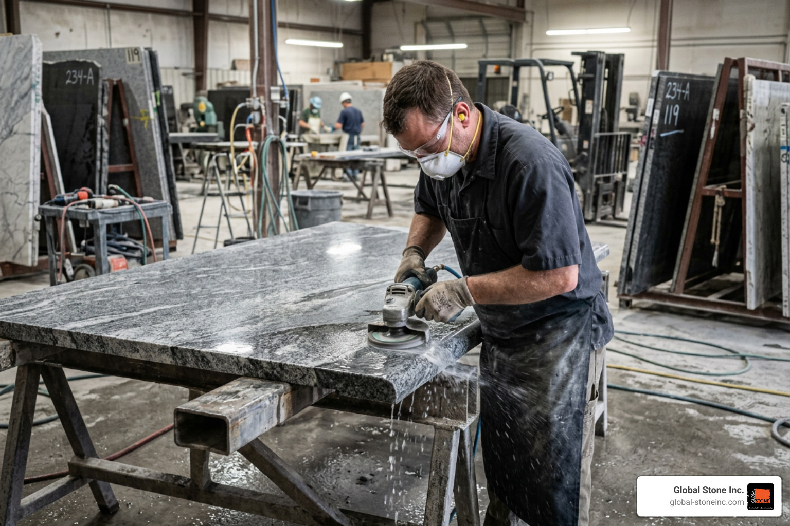 Custom countertop edge profiles being shaped in our fabrication facility Custom countertop edge profiles being shaped in our fabrication facility