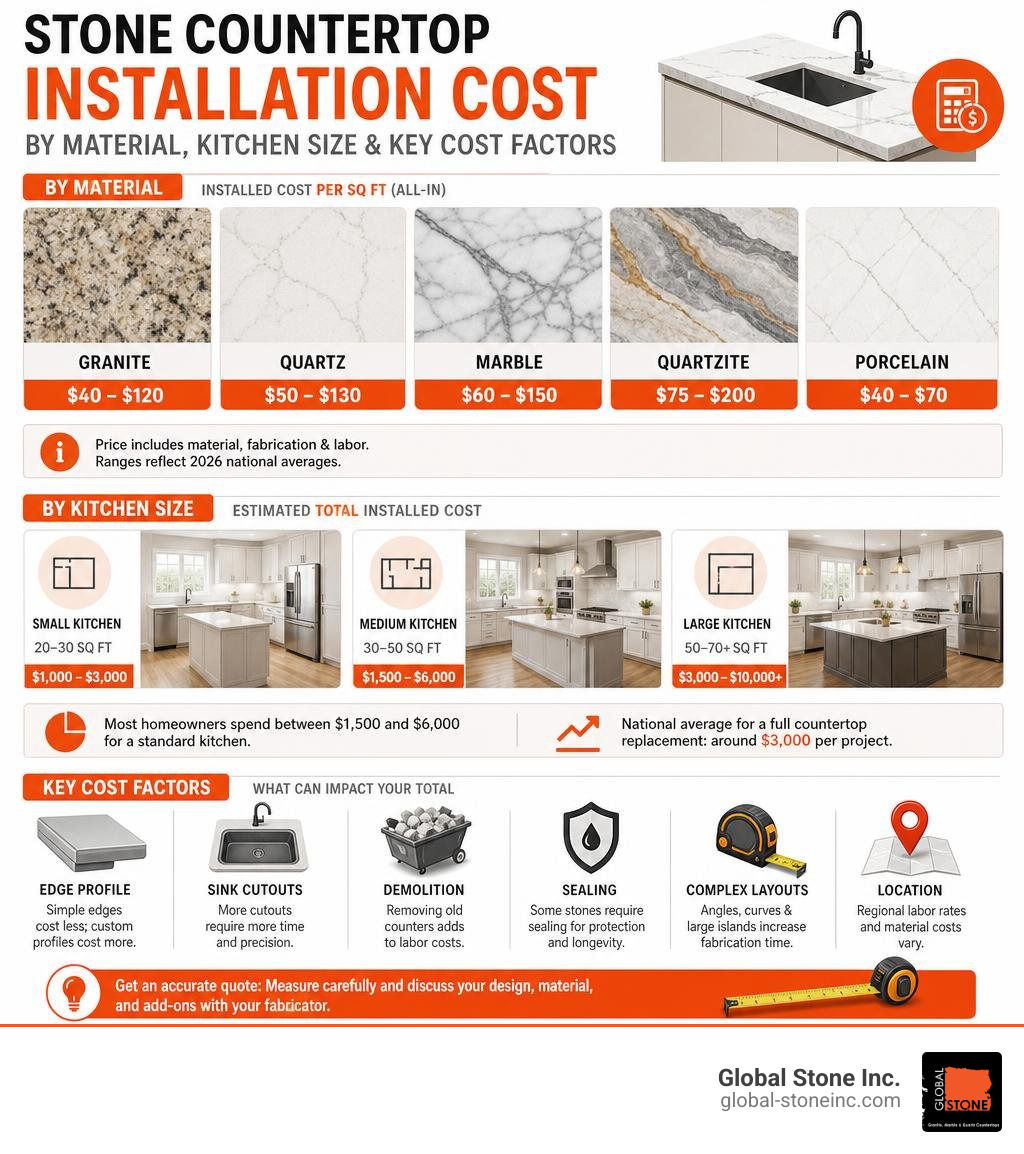 Infographic showing stone countertop installation cost by material, kitchen size, and key cost factors infographic Infographic showing stone countertop installation cost by material, kitchen size, and key cost factors infographic