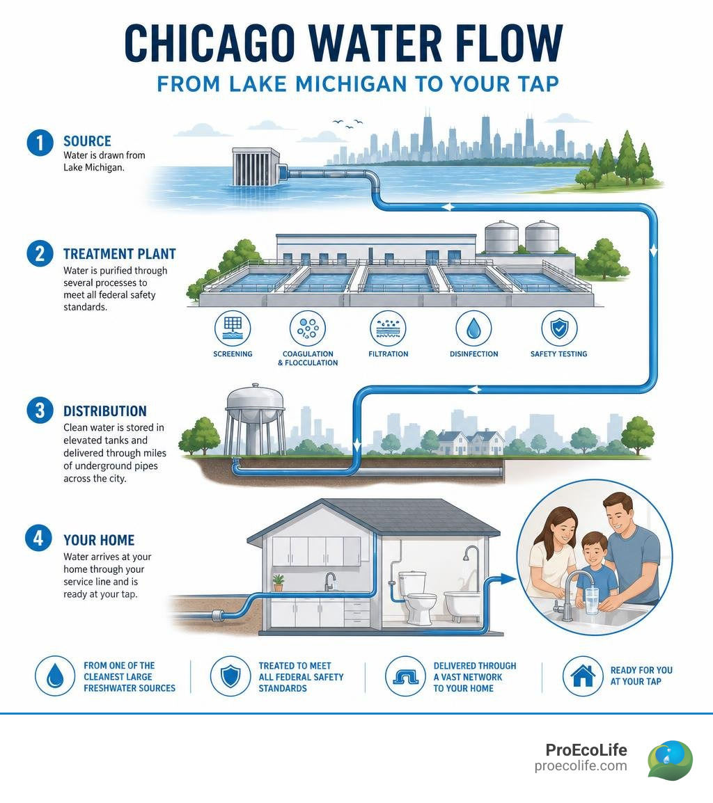 Chicago water flow from Lake Michigan through treatment plant to home tap infographic infographic Chicago water flow from Lake Michigan through treatment plant to home tap infographic infographic