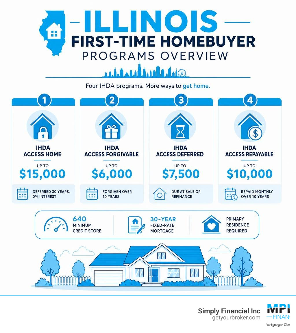 Illinois first-time homebuyer programs overview infographic showing four IHDA programs and assistance amounts infographic Illinois first-time homebuyer programs overview infographic showing four IHDA programs and assistance amounts infographic