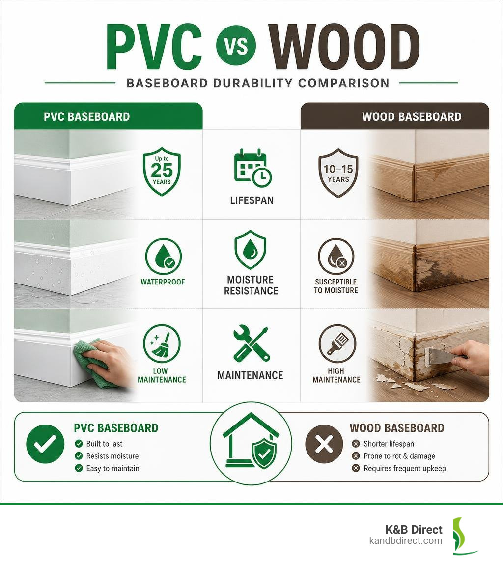 PVC vs wood baseboard durability comparison infographic showing lifespan, moisture resistance, and maintenance infographic PVC vs wood baseboard durability comparison infographic showing lifespan, moisture resistance, and maintenance infographic
