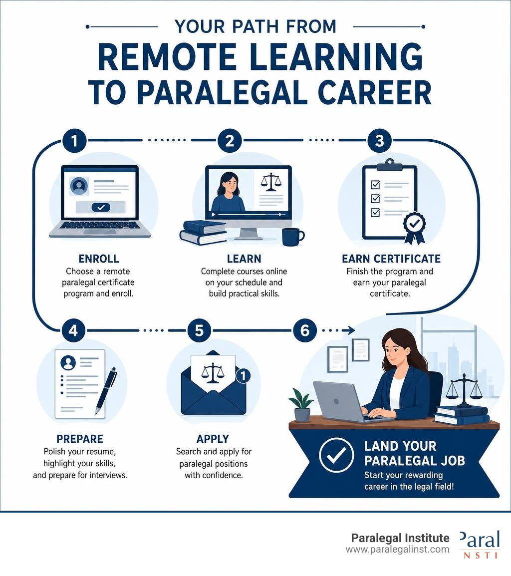Infographic showing the path from enrolling in a remote paralegal certificate program to landing a paralegal job infographic Infographic showing the path from enrolling in a remote paralegal certificate program to landing a paralegal job infographic