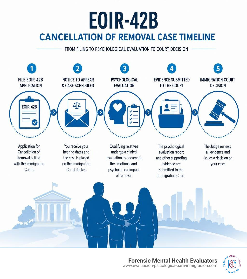 Timeline infographic of EOIR-42B cancellation of removal case from filing to psychological evaluation to court decision