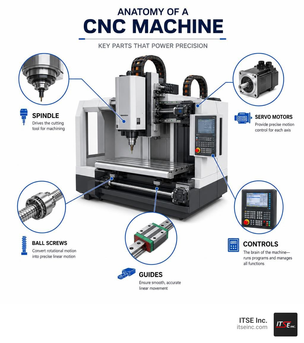 Anatomy of a CNC machine showing key parts: spindle, servo motors, ball screws, guides, and controls infographic Anatomy of a CNC machine showing key parts: spindle, servo motors, ball screws, guides, and controls infographic