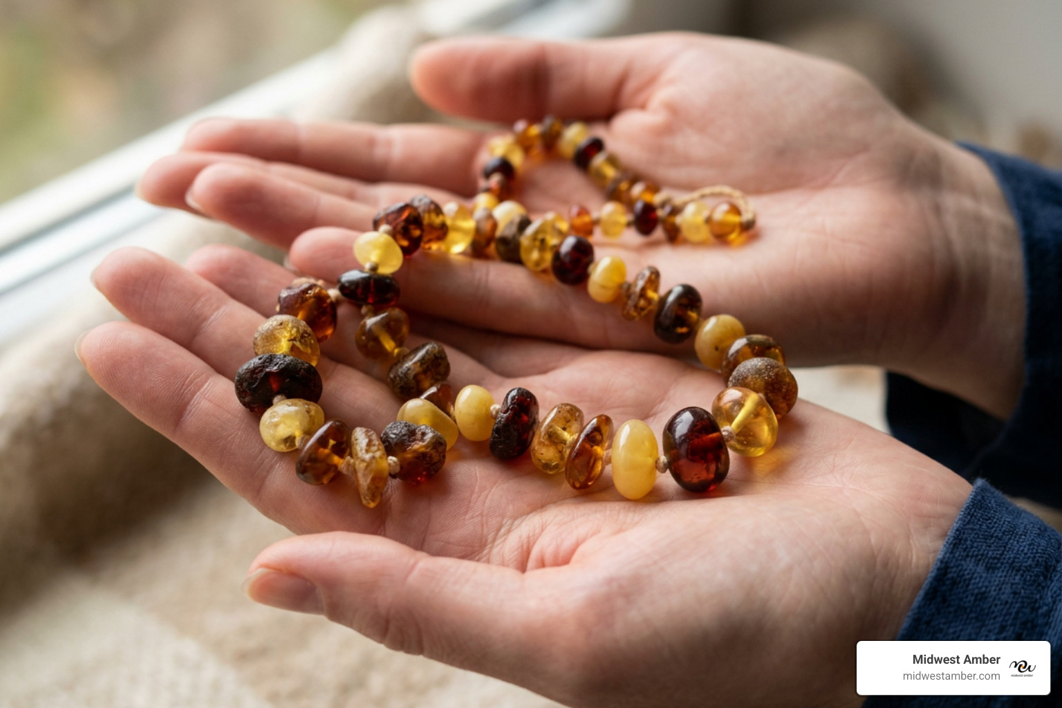 A multi-color Baltic amber necklace showing raw and polished beads in cognac, lemon, and cherry hues
