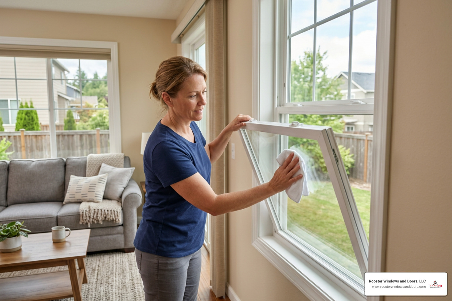 A homeowner tilting in a double hung window sash for easy interior cleaning A homeowner tilting in a double hung window sash for easy interior cleaning
