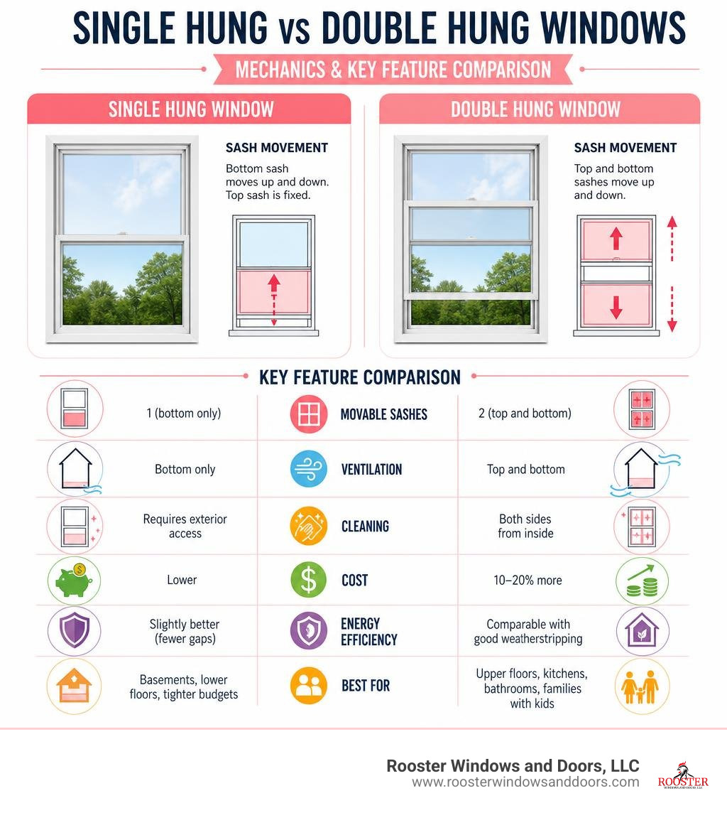 Single hung vs double hung window mechanics infographic showing sash movement and key feature comparison infographic Single hung vs double hung window mechanics infographic showing sash movement and key feature comparison infographic