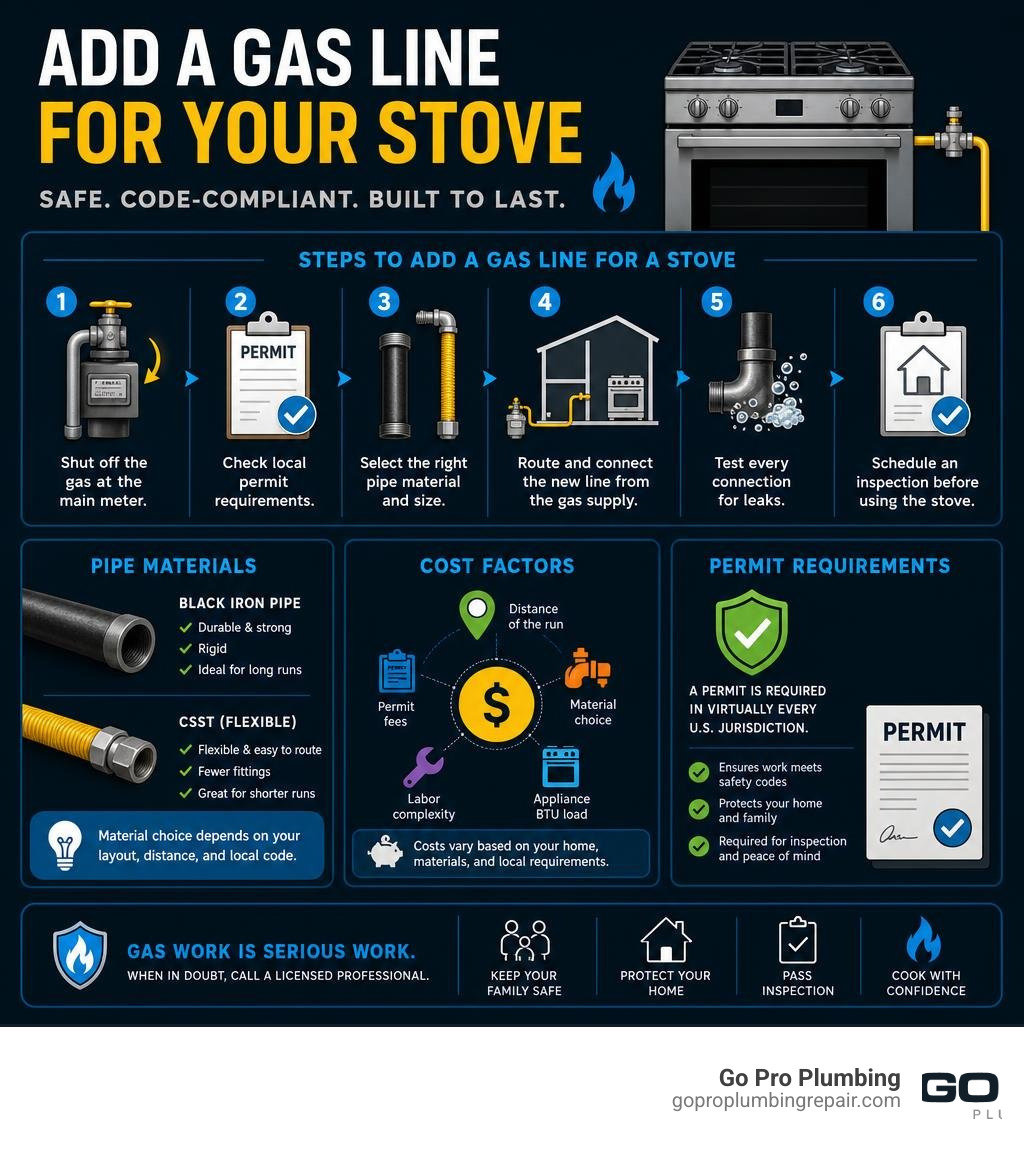 Infographic showing steps to add a gas line for a stove, pipe materials, costs, and permit requirements infographic Infographic showing steps to add a gas line for a stove, pipe materials, costs, and permit requirements infographic