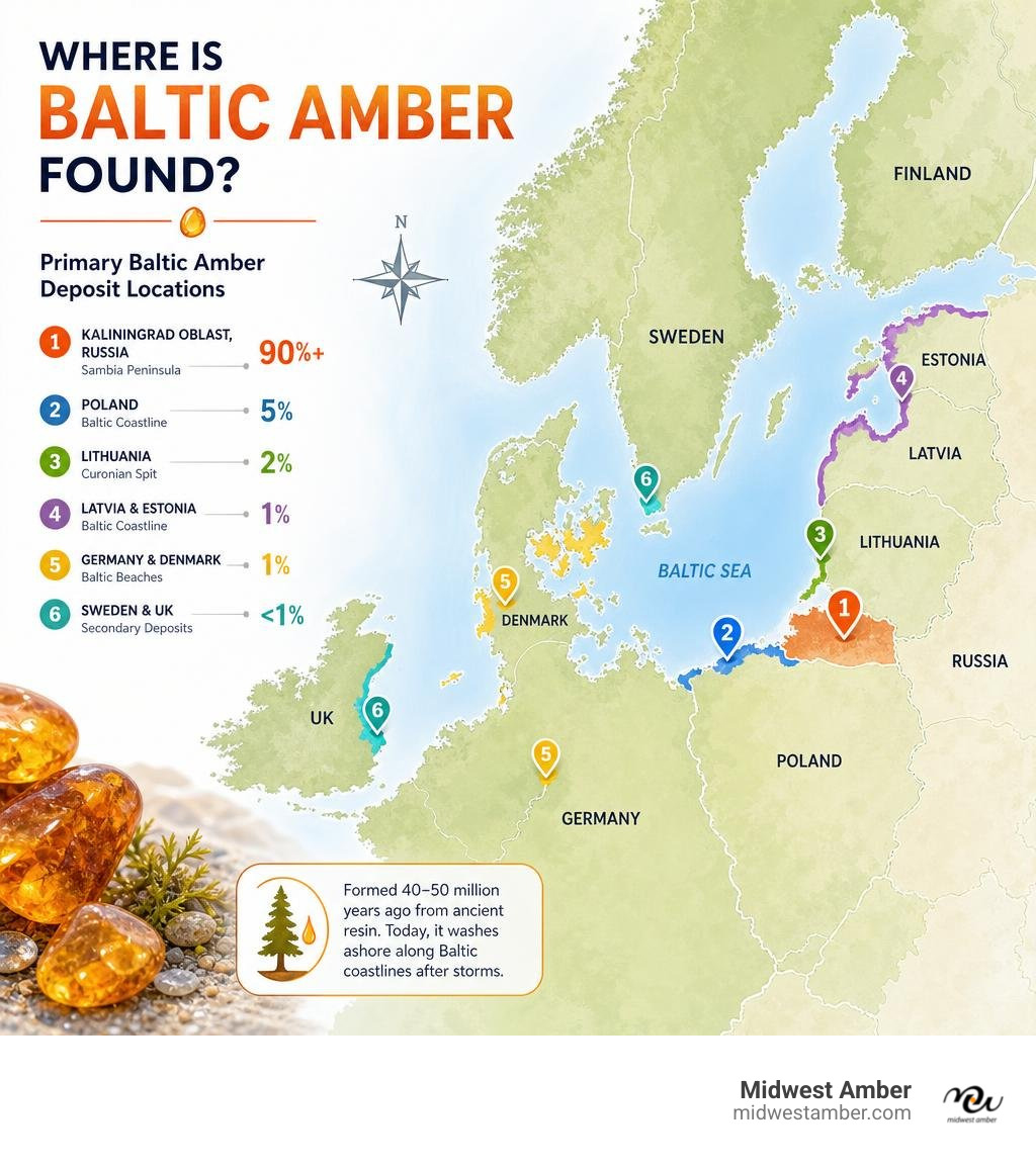Map infographic showing primary Baltic amber deposit locations across Northern Europe with percentage data infographic