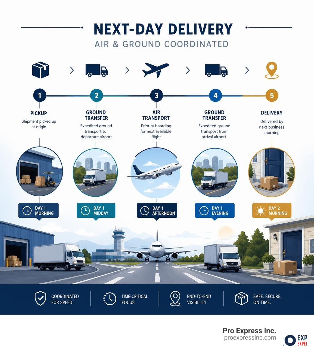 Expedited shipping timeline infographic: pickup to next-day delivery via air and ground coordination infographic