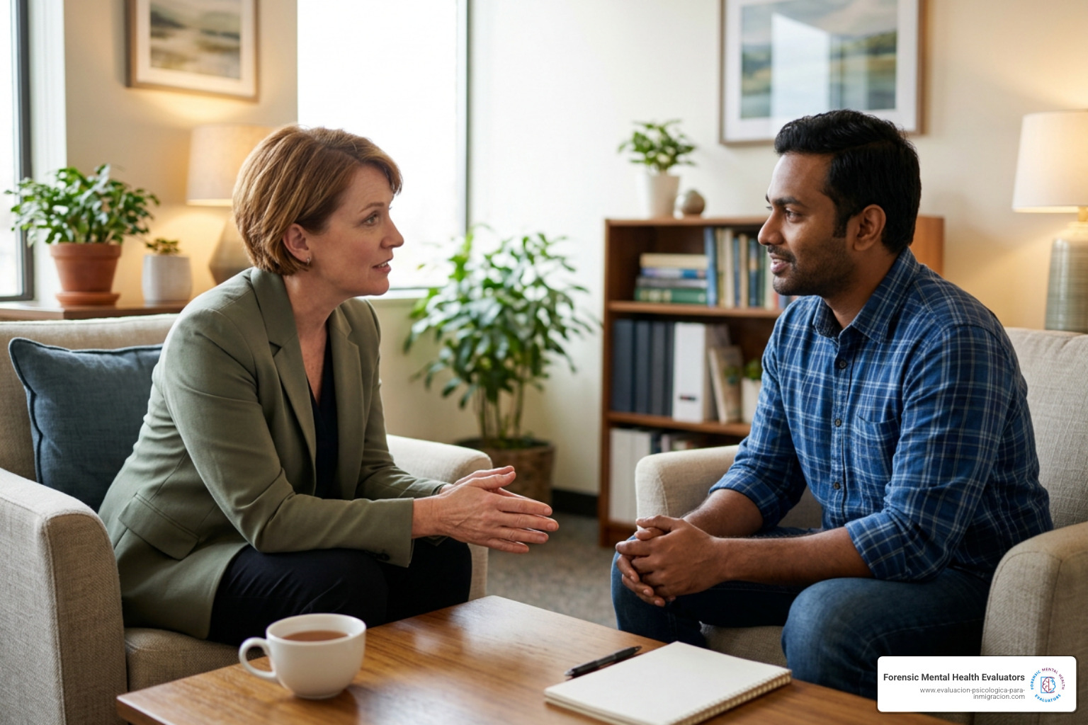 Supportive therapist meeting with a client for immigration psychological evaluation