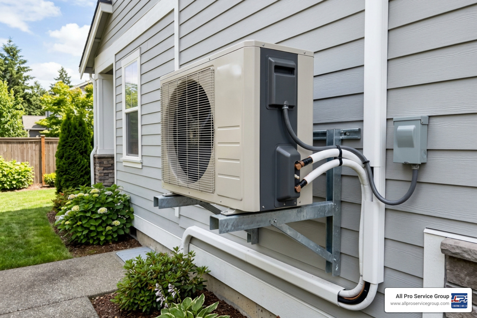 An outdoor condenser unit of a dual-zone mini split system installed on a bracket An outdoor condenser unit of a dual-zone mini split system installed on a bracket
